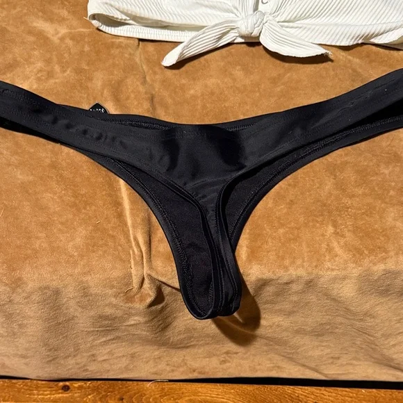 Thong bikini White Button-Front Bikini Top and Black Bottom - Picture 2 of 5